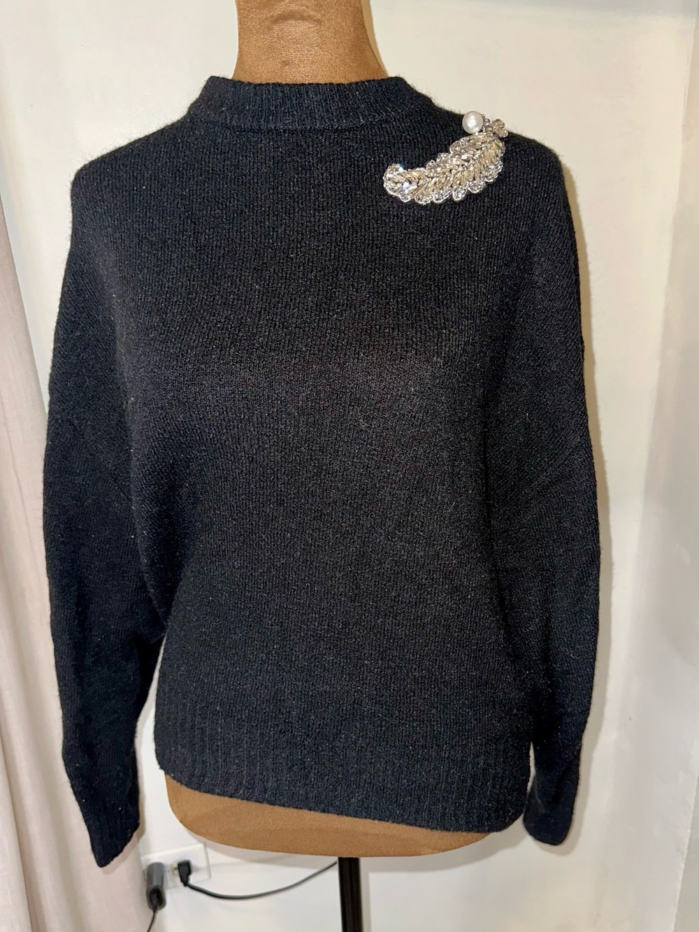 H&M Black Crewneck Sweater with Pearl & Crystal Shoulder Accent